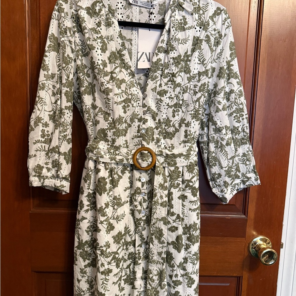 Zara Olive and White Eyelets Floral Top